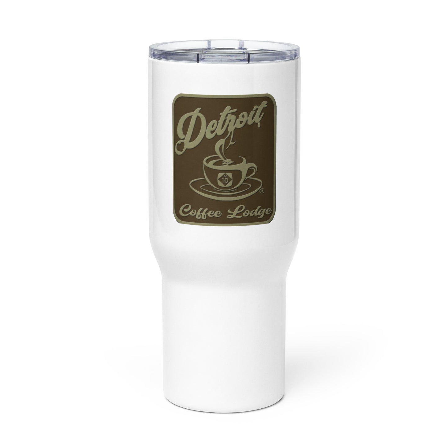 Travel mug with a handle brown logo