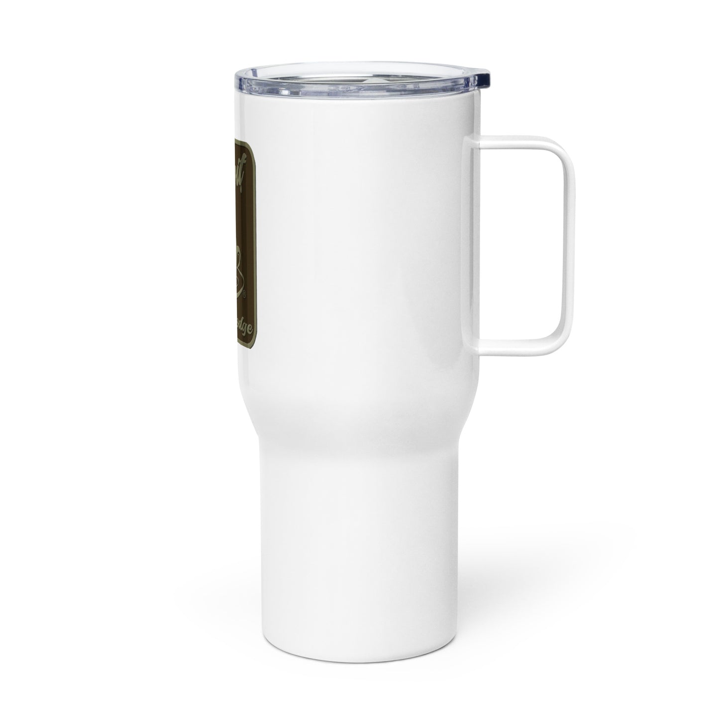 Travel mug with a handle brown logo