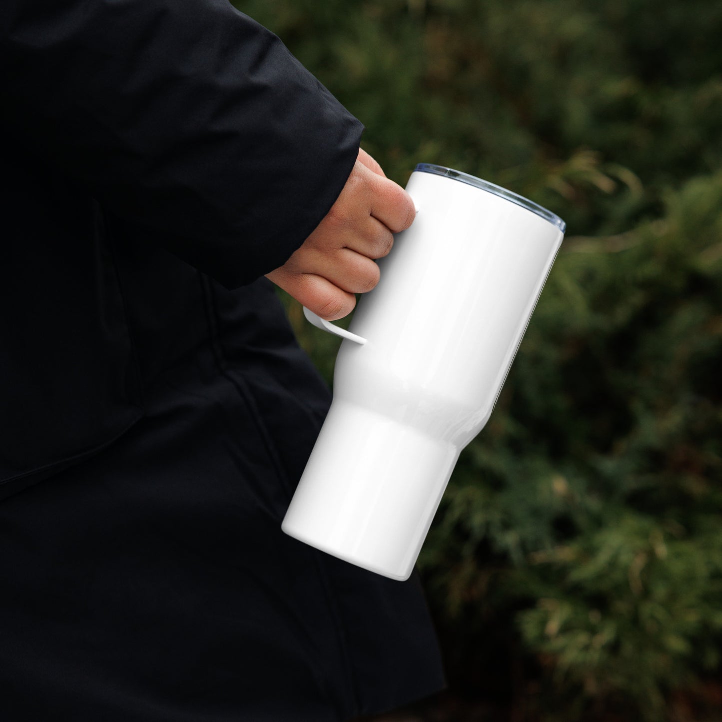 Travel mug with a handle with transparent logo